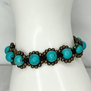 Faux Turquoise Beaded Jingle Bell Toggle Bracelet